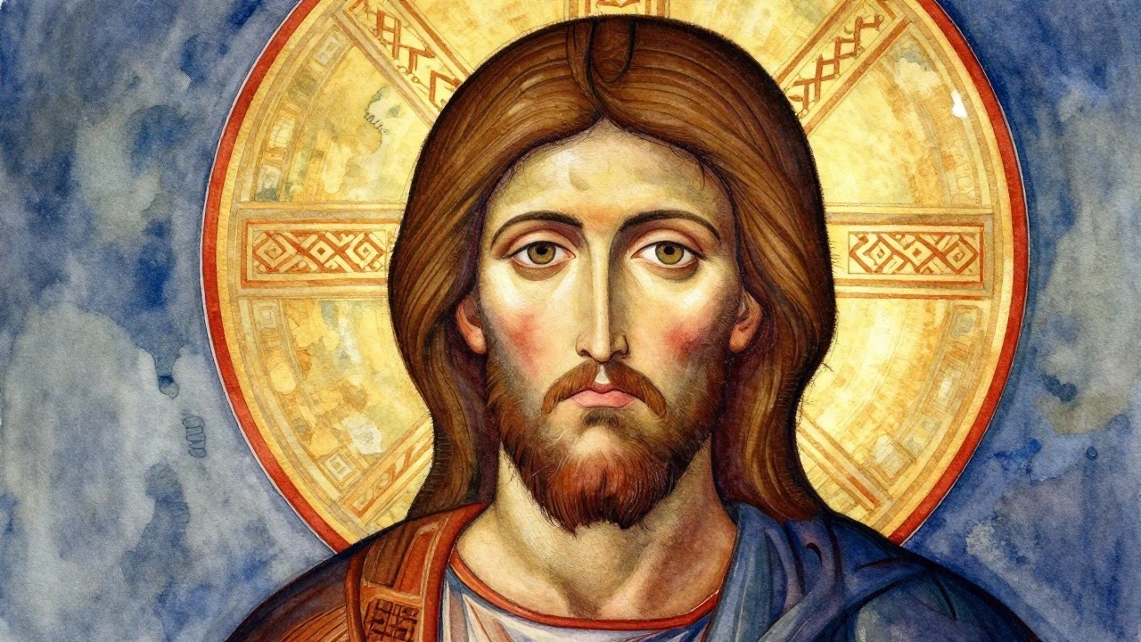 Byzantine-style icon portrait of Jesus Christ with gold halo, bearded face, and ornate blue robes.