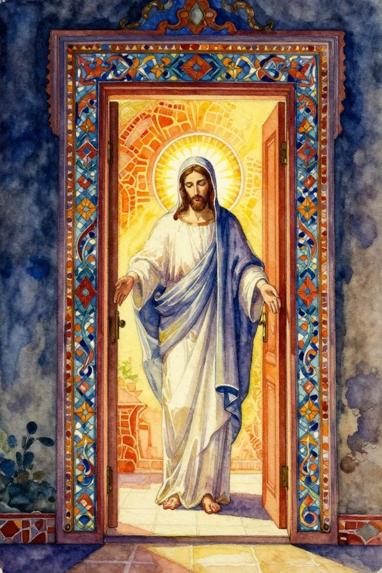 Watercolor-style painting of Jesus Christ in white and blue robes standing in an open ornate doorway with golden light and halo behind him.