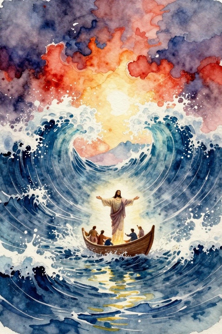 Watercolor artwork depicting Jesus standing on massive waves with arms raised, disciples in a wooden boat, under a dramatic sunset sky.
