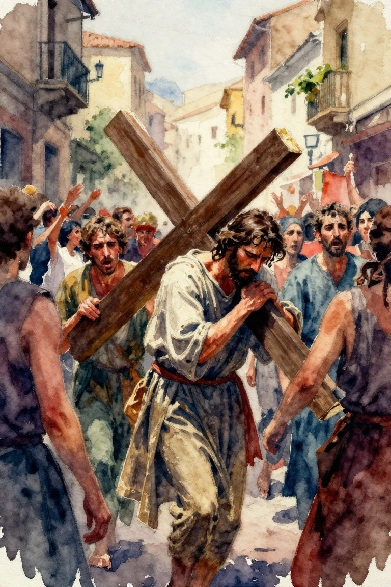 Watercolor painting of Jesus in a white robe carrying a cross through a narrow crowded street, helped by a man in green and surrounded by a mob.