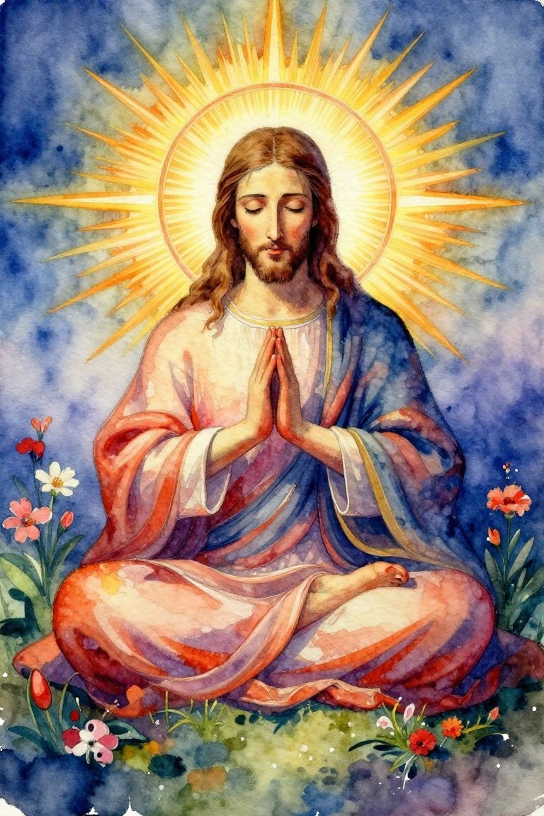 Watercolor image of Jesus Christ in lotus pose with hands in prayer, golden halo, and flowers on blue background.