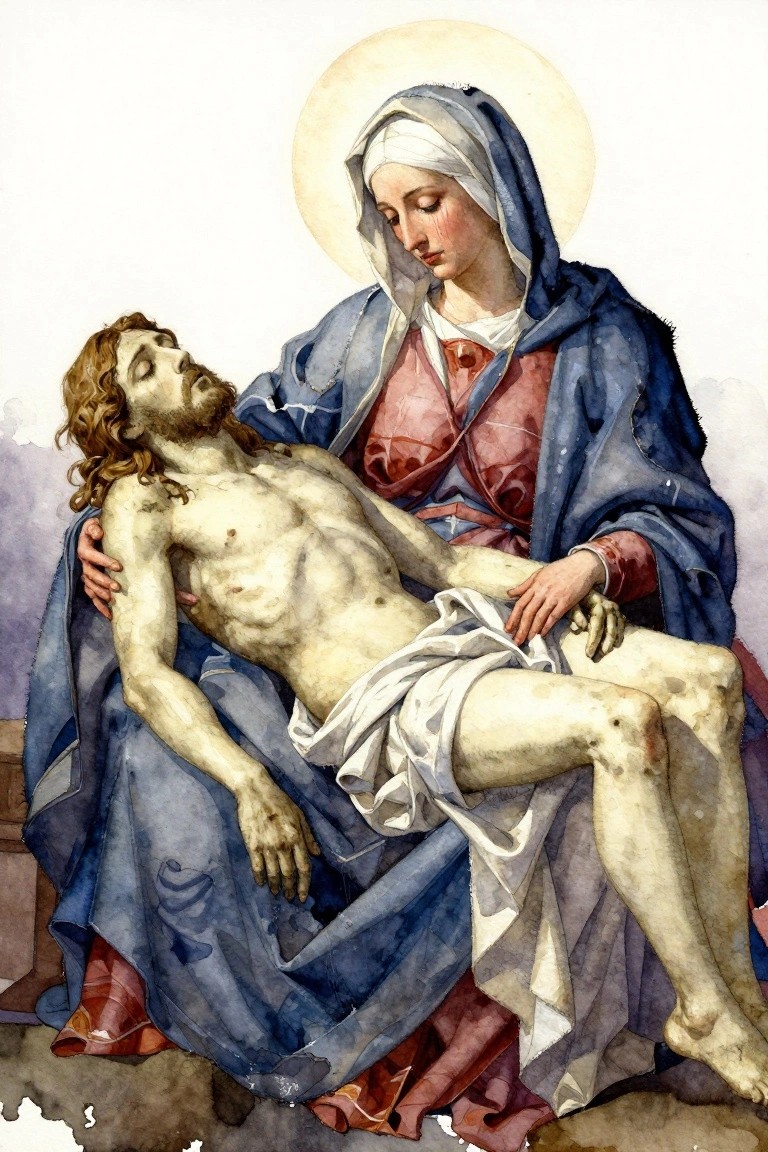 Watercolor painting of Virgin Mary in blue robes holding the dead nude body of long-haired Jesus across her lap on a stone slab.