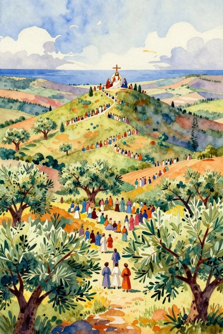 Watercolor landscape of Jesus on a hilltop with cross, crowds in robes winding up path through olive trees and fields to sea view.