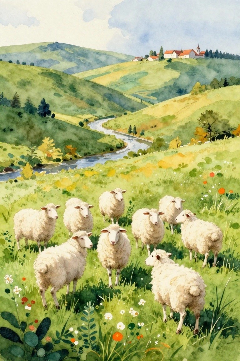 Watercolor landscape of white sheep grazing on green hillside overlooking a winding river, rolling hills, trees, and distant village with church steeple.