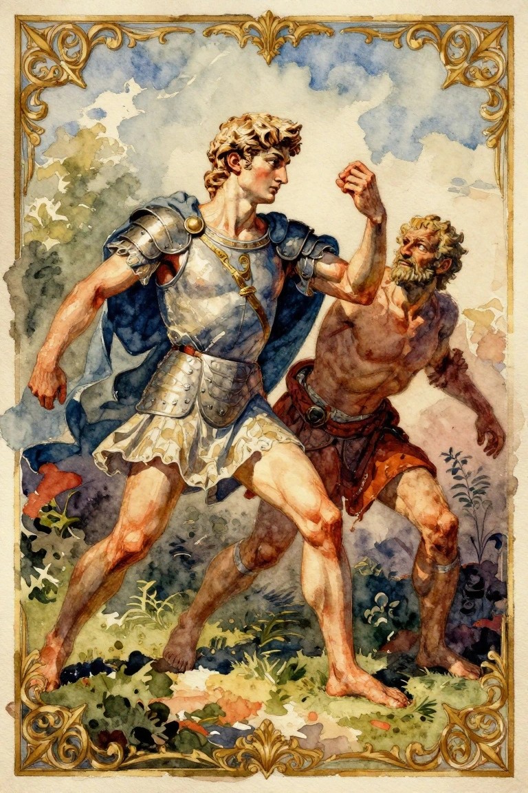 Watercolor illustration of a muscular young man in classical armor punching toward a kneeling older bearded man in rags amid greenery, with ornate gold frame.