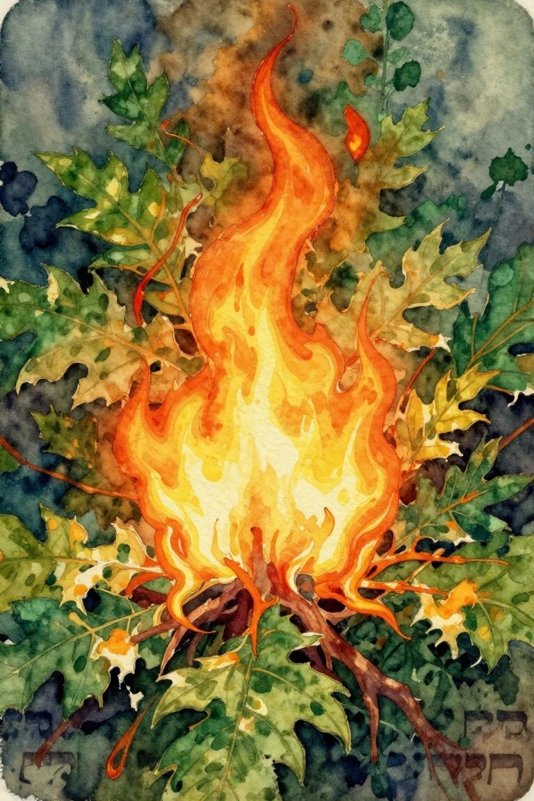 Watercolor of orange-yellow flames rising centrally amid detailed green and gold-toned leaves on a dark blue-green background with Hebrew text at the bottom.