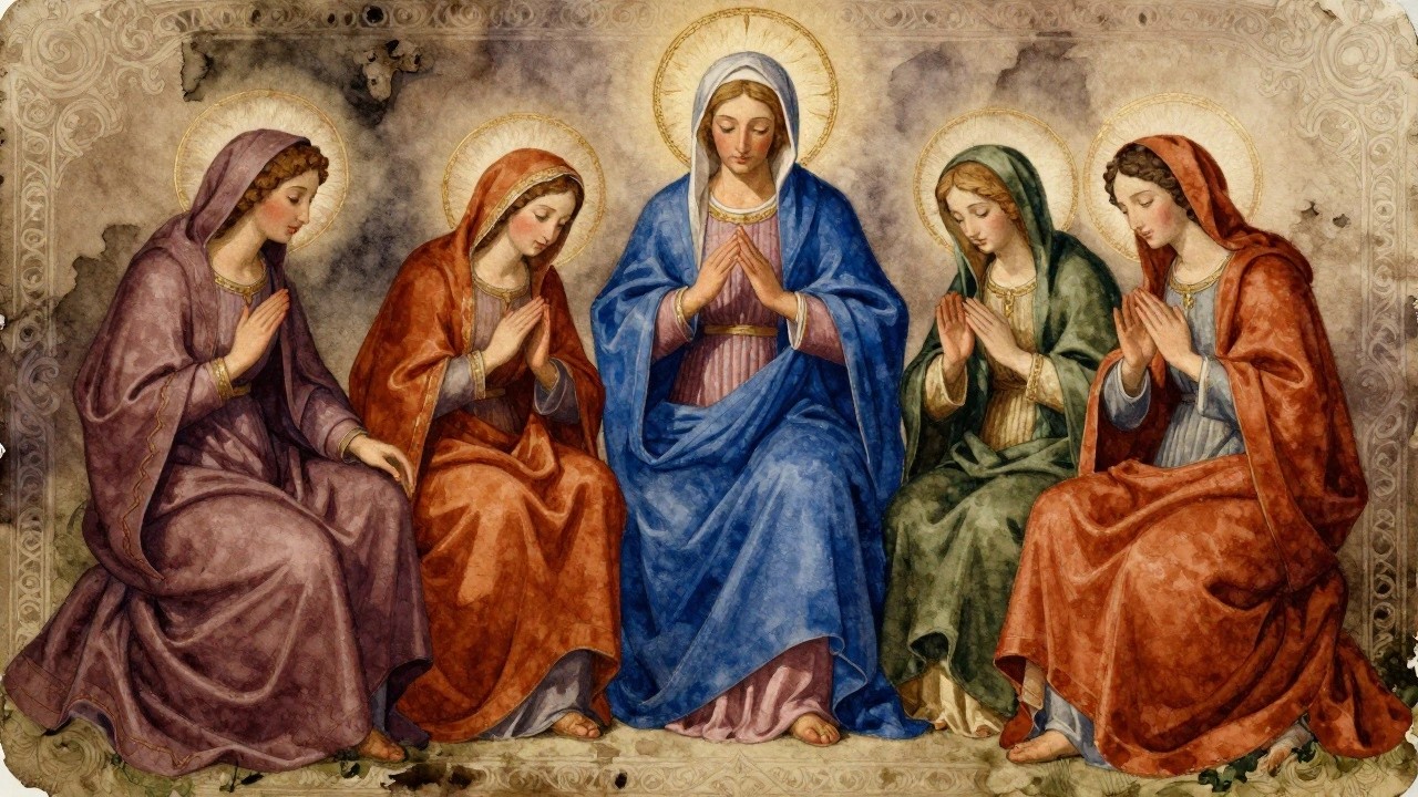 Watercolor-style painting of Jesus in blue robes and Mary in orange robes standing together with golden halos and raised hands on a simple green background.