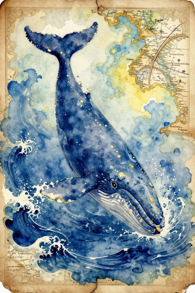 Blue humpback whale breaching waves superimposed on an antique-style map with European place names.