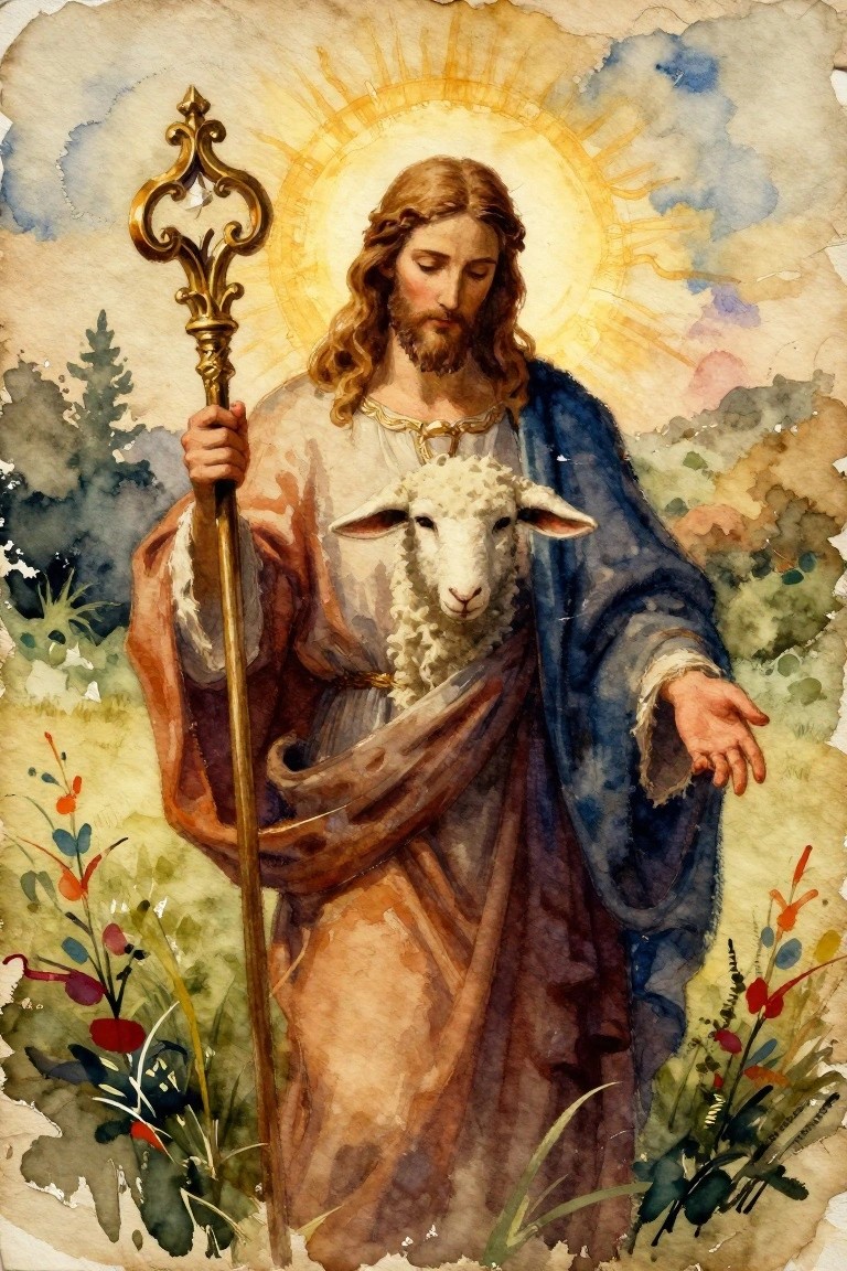 Watercolor-style painting of Jesus holding a golden crosier staff with a lamb on his shoulders, glowing halo, blue robes, and pastoral background on textured paper.