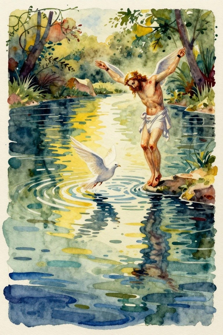 Watercolor of Jesus in white cloth standing on a river rock with arms raised, white dove flying nearby, surrounded by green foliage and reflective blue water.