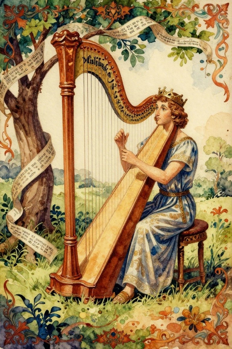 Watercolor-style illustration of a crowned youthful figure in a blue gown playing a large ornate harp under a tree, surrounded by Hebrew text scrolls in foliage and decorative borders.