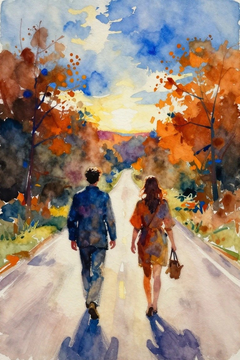 Watercolor landscape of a man in a suit and woman in a dress walking down a sunlit road lined with orange autumn trees.