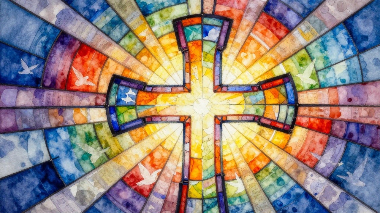 Colorful stained-glass style cross with golden light rays, white doves, and abstract panels on a blue background.