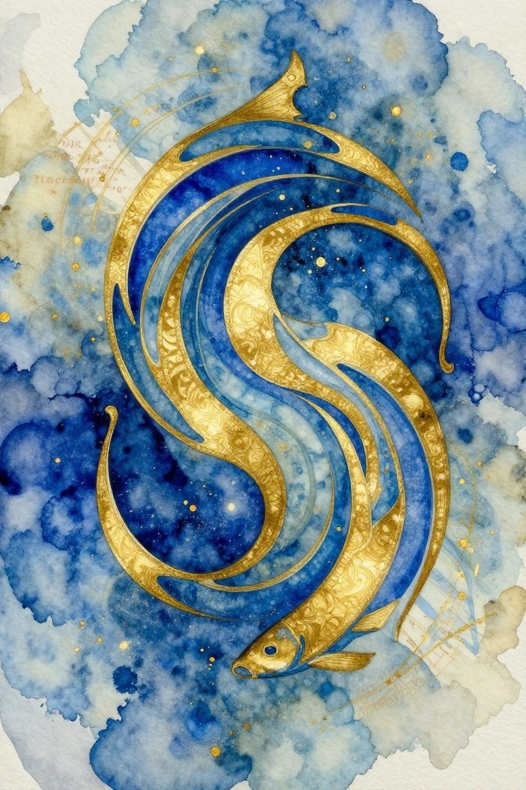 Watercolor artwork featuring a stylized golden fish in flowing S-shape on blue background with gold flecks and script elements.