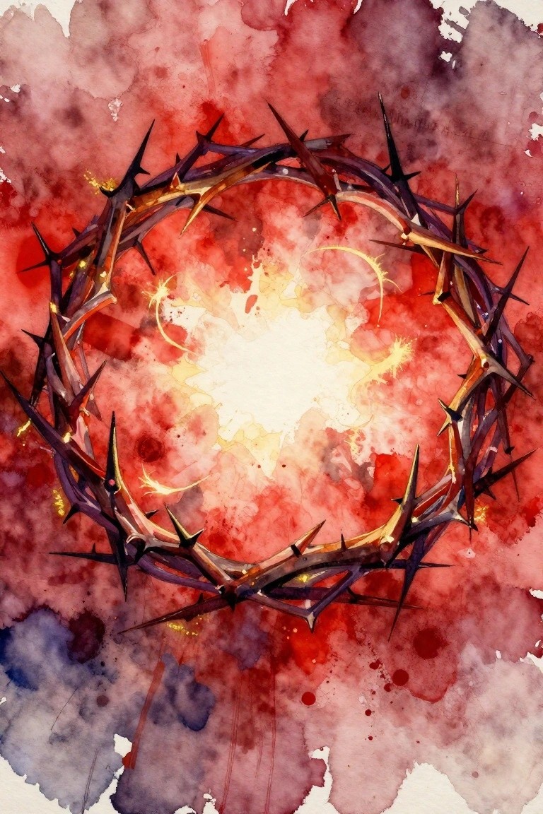 Abstract painting of a golden crown of thorns encircling a white glowing burst on a red-purple watercolor-splattered background.