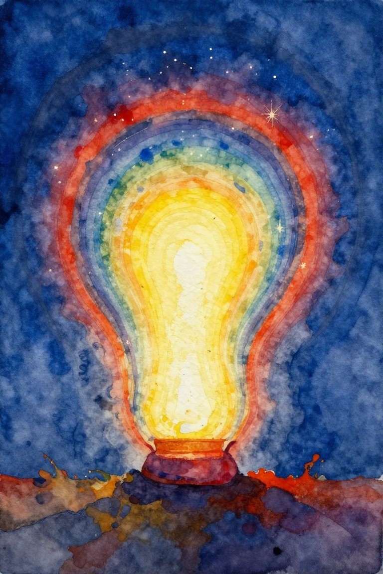 Watercolor-style abstract painting of a yellow glowing light bulb with concentric rainbow rings on a starry dark blue background.