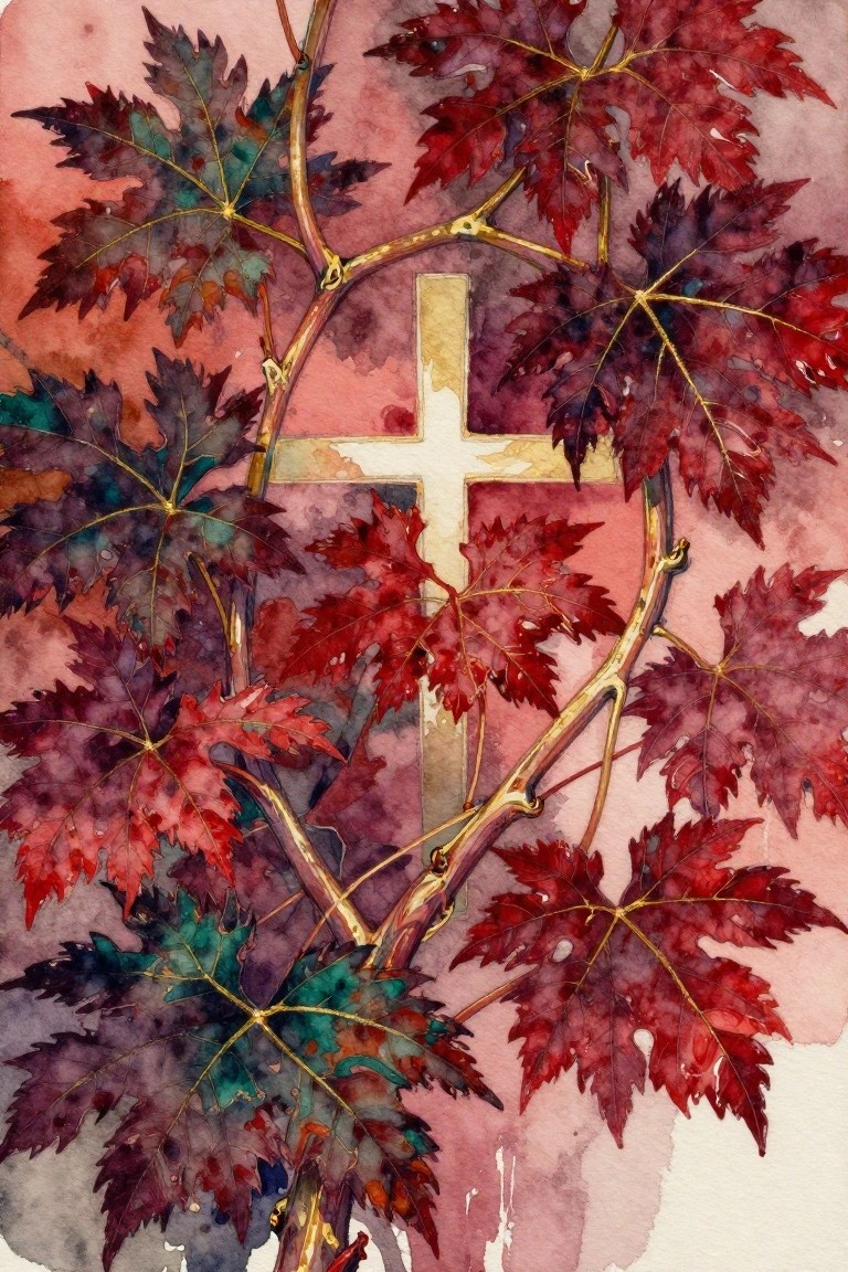 Watercolor artwork of a golden cross framed by layered red, purple, and gold autumn maple leaves.