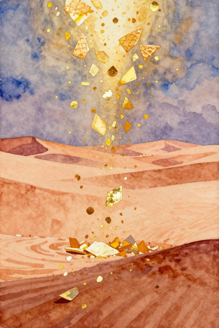 Watercolor abstract of textured gold shards raining from purple-blue sky onto orange sand dunes.