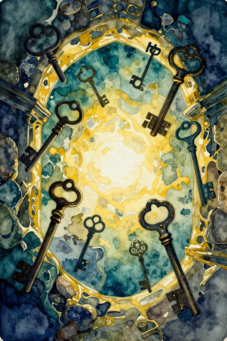 Abstract watercolor of multiple dark antique keys surrounding and framing a central glowing yellow light on teal and blue background.