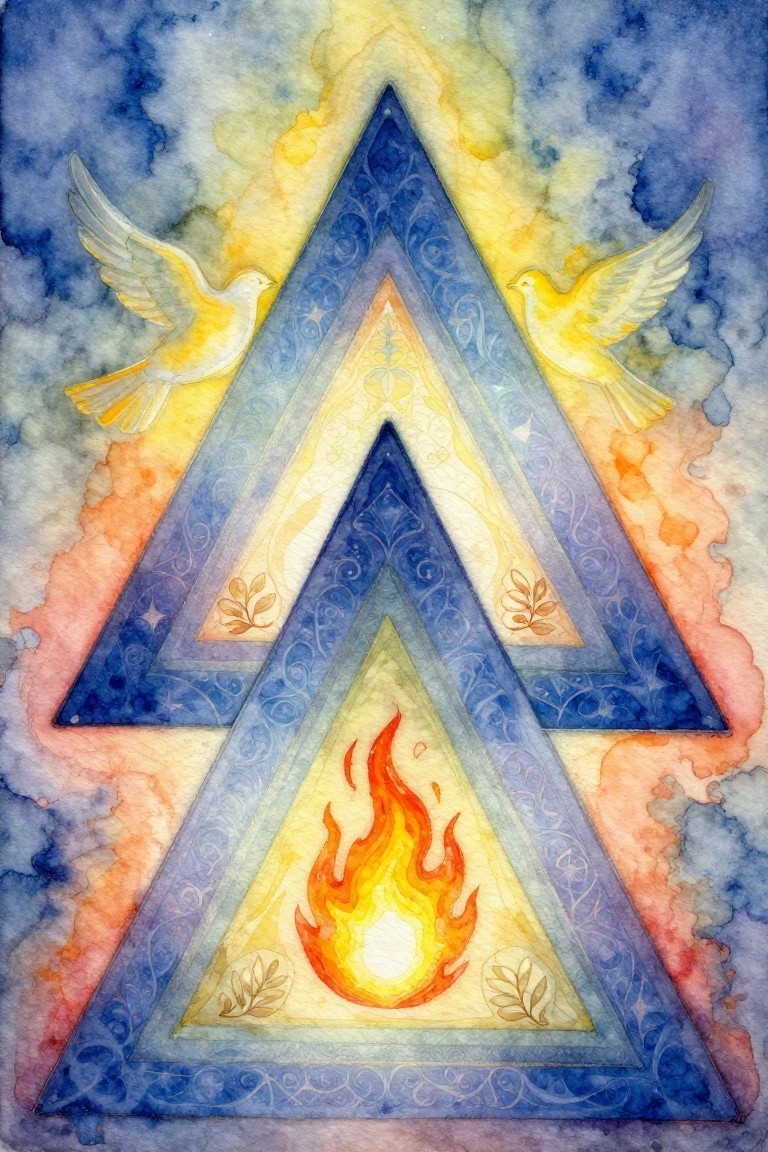 Watercolor of stacked blue triangles with central orange flame, olive leaves, filigree borders, and white and yellow doves above on blue cloudy background.