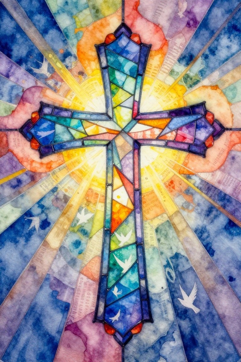 Colorful stained-glass style cross with golden light rays, white doves, and abstract panels on a blue background.