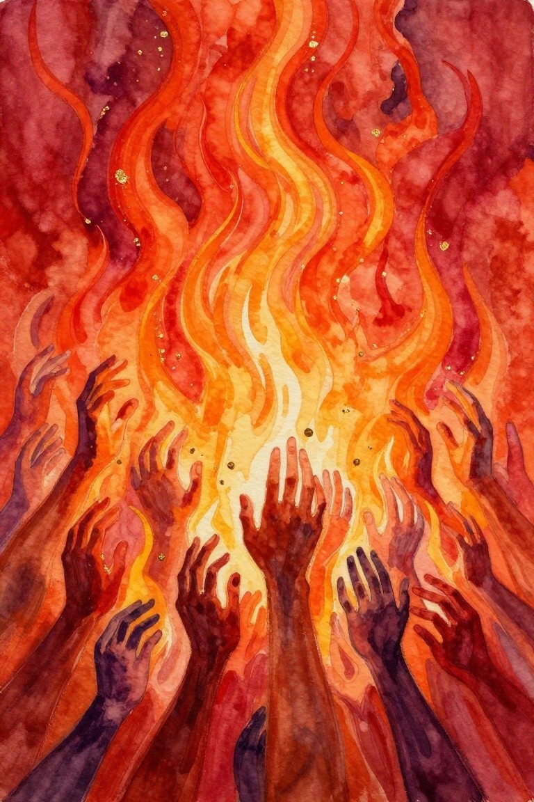 Abstract painting of diverse hands reaching from bottom shadows toward a bright central fire in layered reds, oranges, yellows, and gold accents.