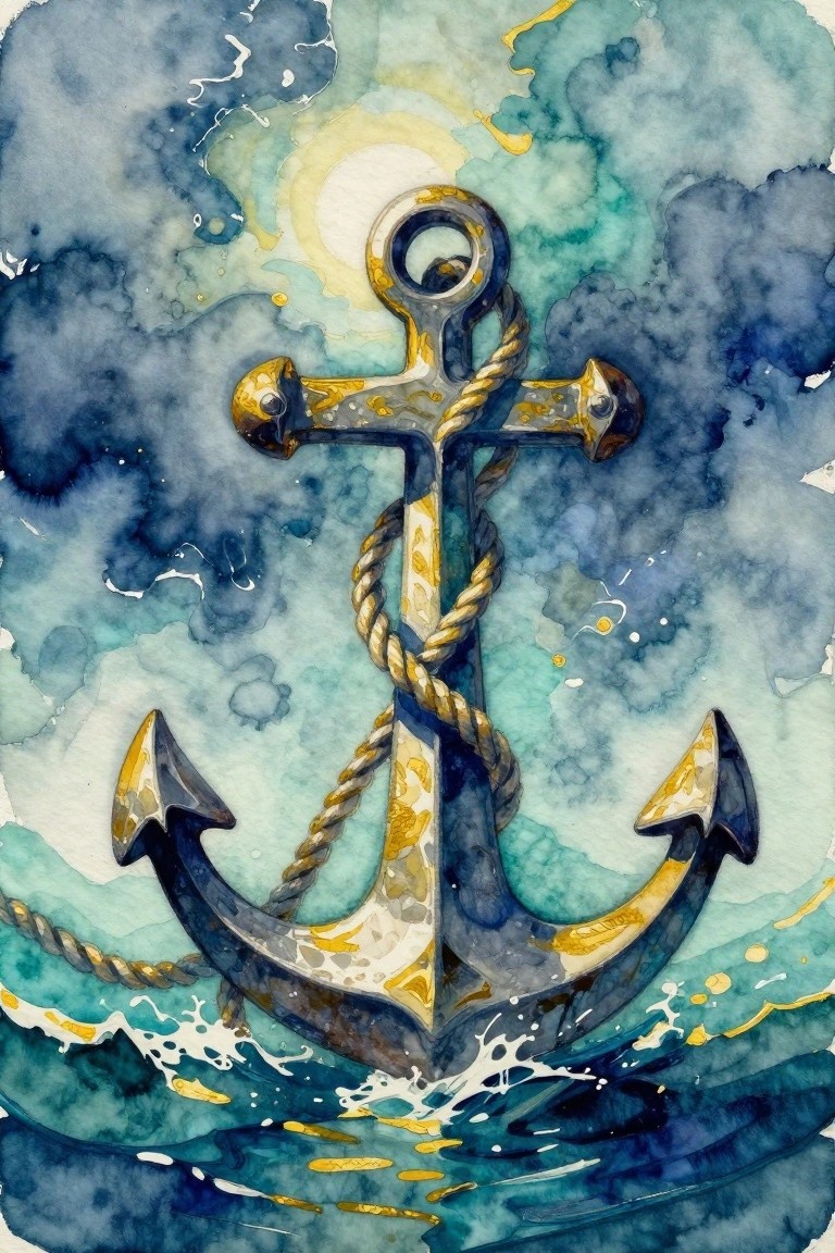 Watercolor of a large central golden anchor with rope against dark blue and teal abstract waves and splashes.
