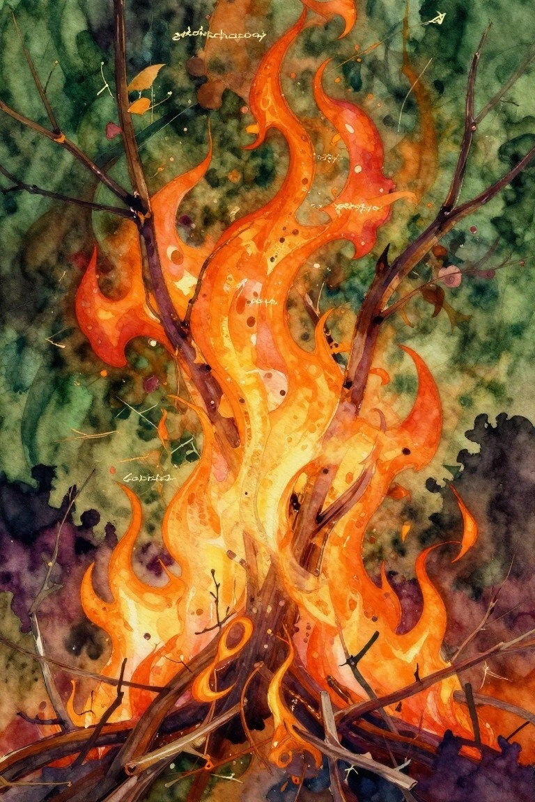 Abstract watercolor painting of orange and red twisting flames rising from a campfire pile of sticks, surrounded by green foliage and dark branches.