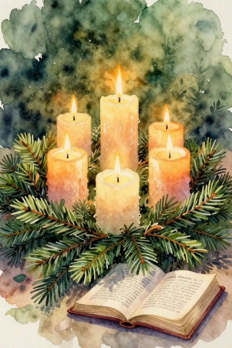 Watercolor of seven lit candles in a fir wreath circle with an open Bible below on a green background.