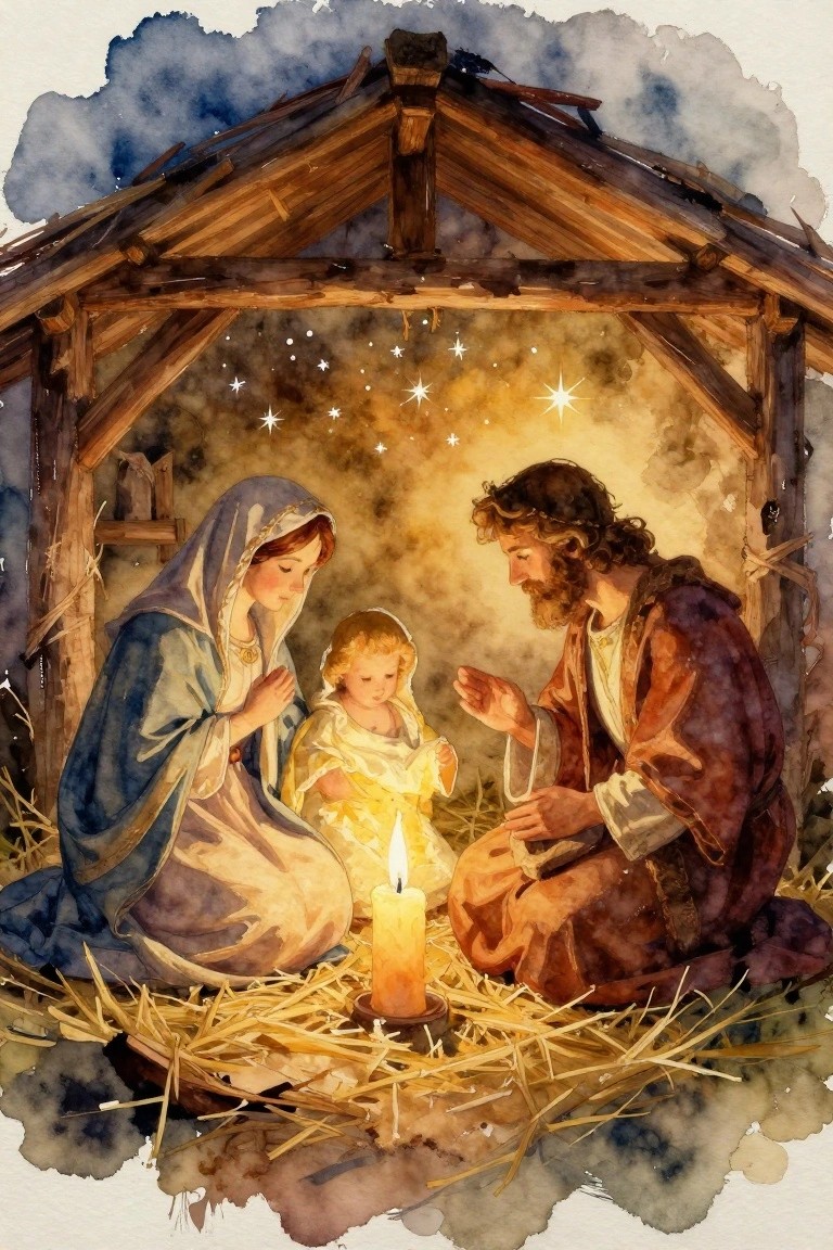 Watercolor Nativity scene showing Mary, Joseph, and baby Jesus in a stable around a candle with hay, stars, and wooden structure.