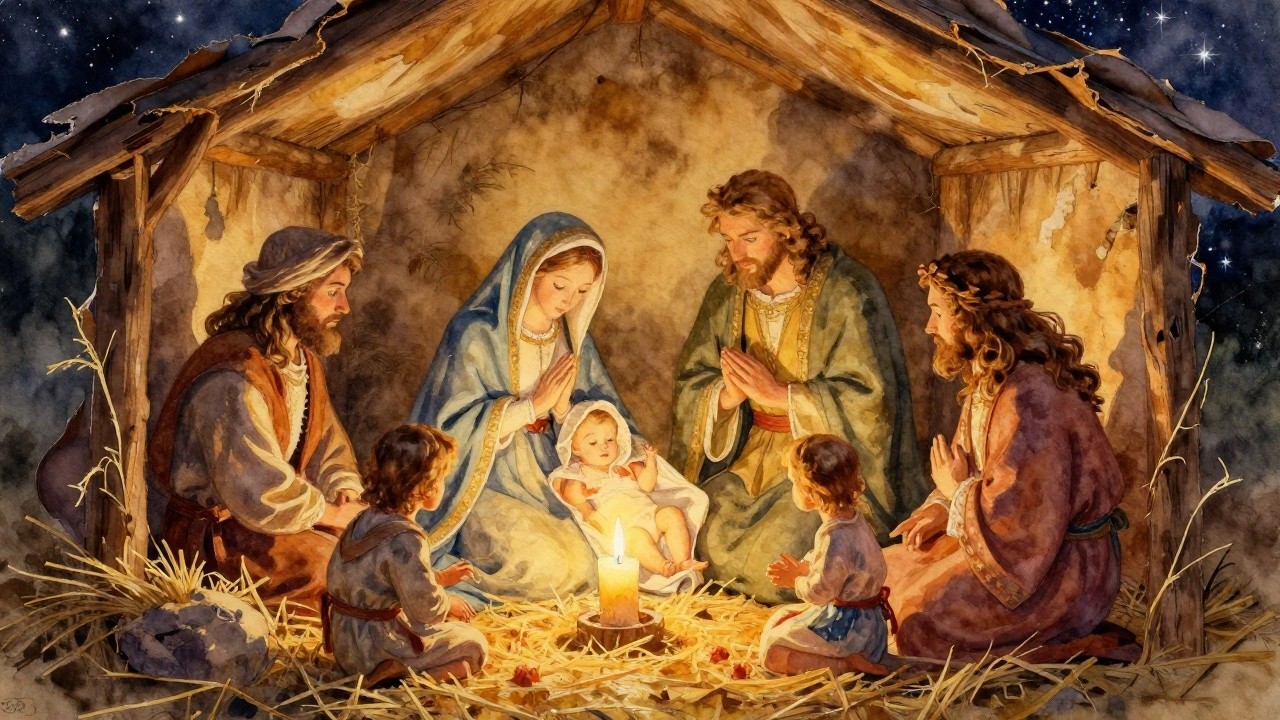 Watercolor Nativity scene showing Mary, Joseph, and baby Jesus in a stable around a candle with hay, stars, and wooden structure.