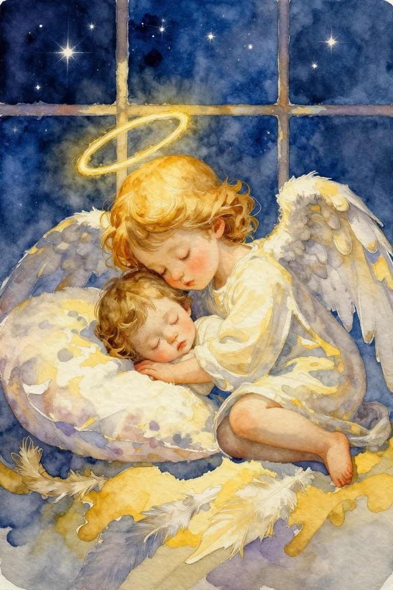 Watercolor of a haloed blond angel with wings holding a sleeping baby on a pillow by a starry window.