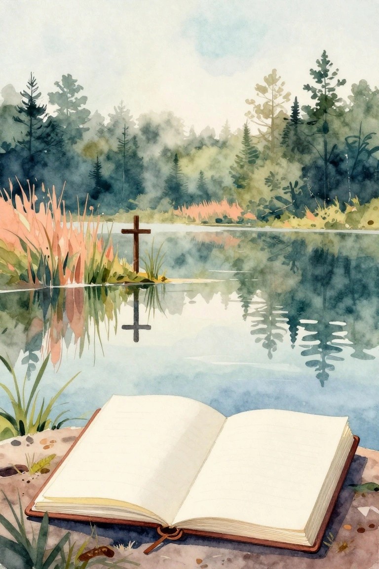 Watercolor landscape of misty pine forest around a lake with a wooden cross in reeds reflected in the water and an open book on the shore.