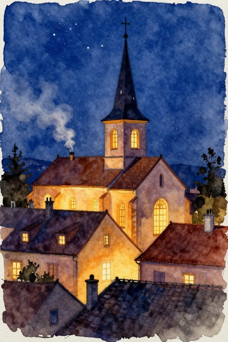 Watercolor of a church steeple and village rooftops glowing with warm window lights under a starry night sky.