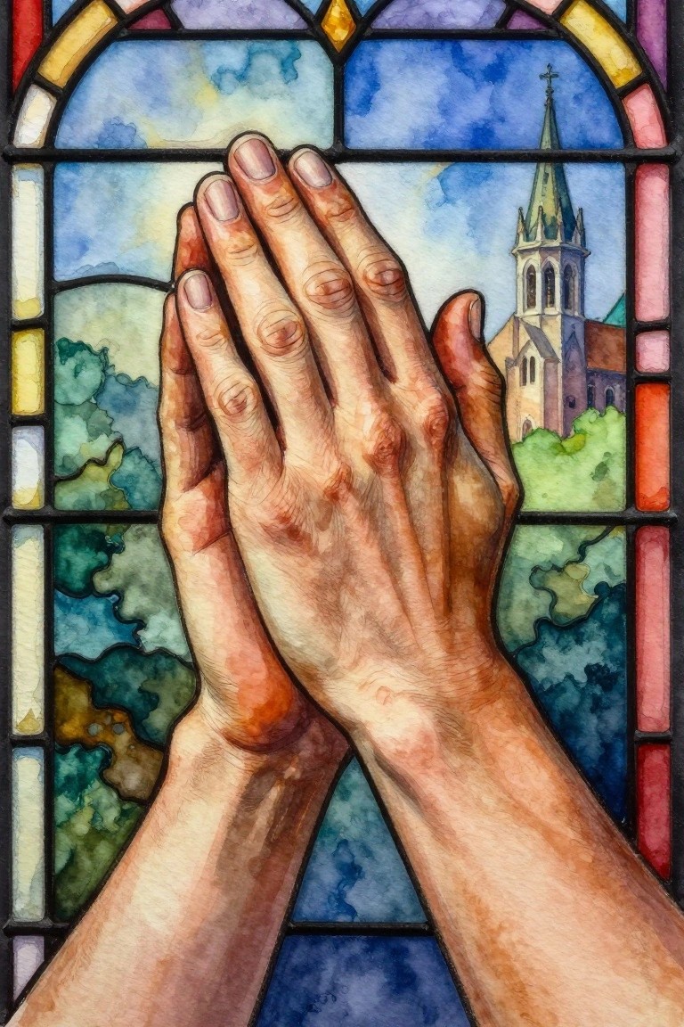 Watercolor of hands clasped in prayer against an arched stained glass window revealing a church steeple, trees, and sky.