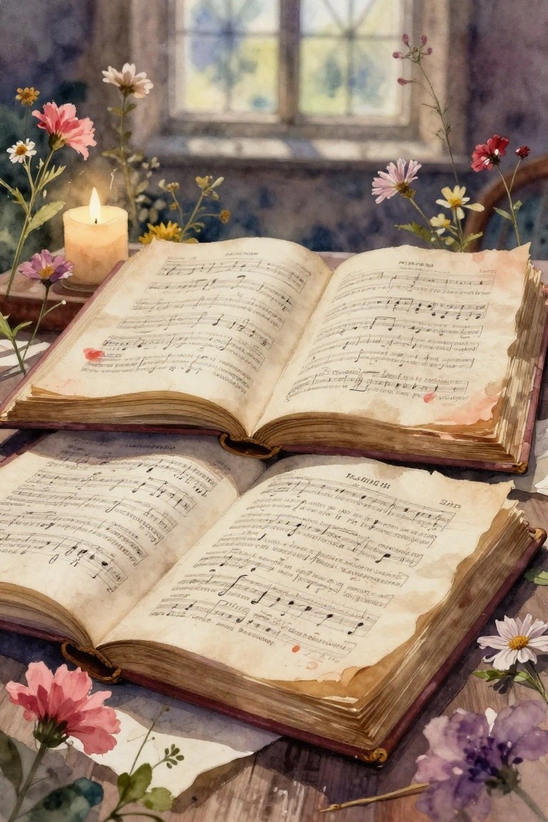 Watercolor still life featuring two open antique books of psalm sheet music surrounded by wildflowers and a lit candle on a wooden table near a window.