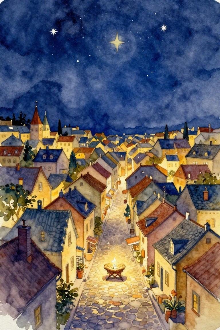 Watercolor of a starry night sky over a village with clustered houses, church steeple, cobblestone street leading to a central candle on a stool, and warm window lights.