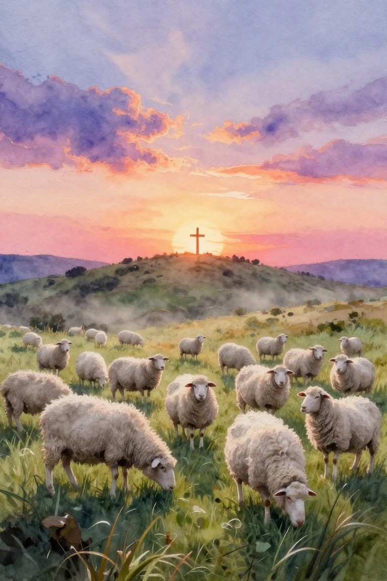 Watercolor of white sheep grazing in green misty fields with a cross on a distant hill against a purple-pink-orange sunset sky.