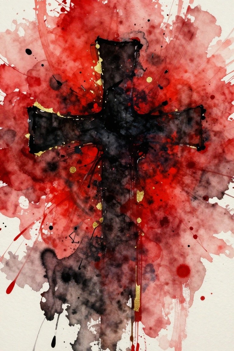 Black cross with gold accents on explosive red watercolor splatters over white background.