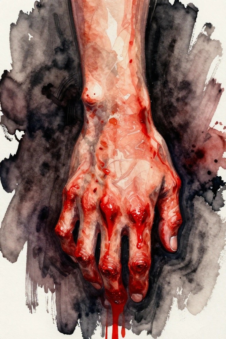 Watercolor close-up of a bloodied hand with crucifixion nail wounds on pale skin against dark abstract background.