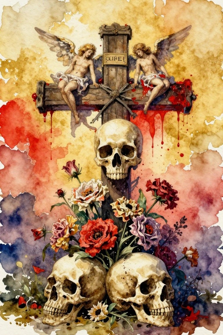 Watercolor painting of a wooden crucifix with two seated cherubs on the arms, blood dripping, skulls piled with surrounding roses at the base.