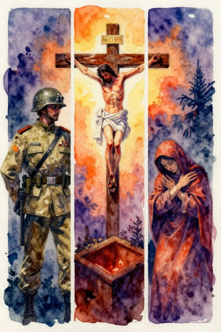 Watercolor triptych with camouflaged soldier left, crucified Jesus center, and red-hooded praying woman right.