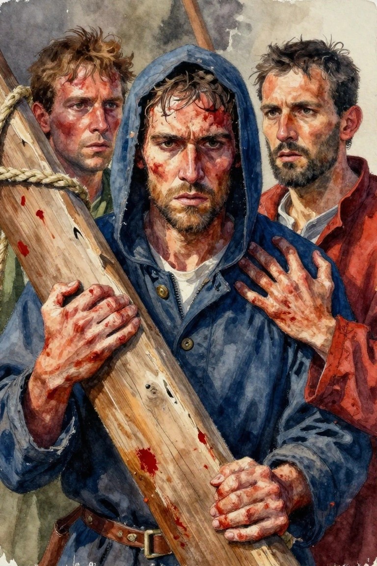 Watercolor-style painting of three bloodied men in hooded jackets carrying a large wooden cross with ropes.