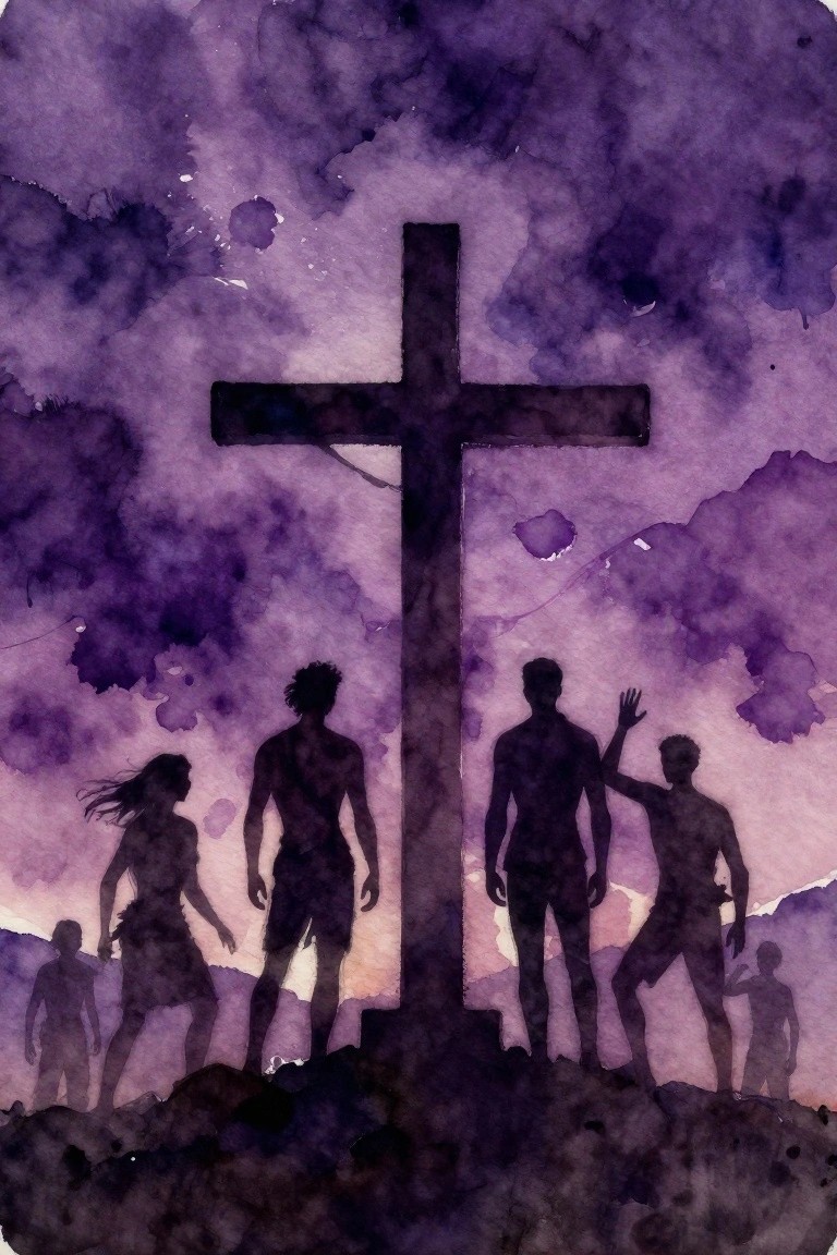 Purple watercolor painting of a large black cross on a hill with silhouetted family figures gathered at its base against a cloudy sky.