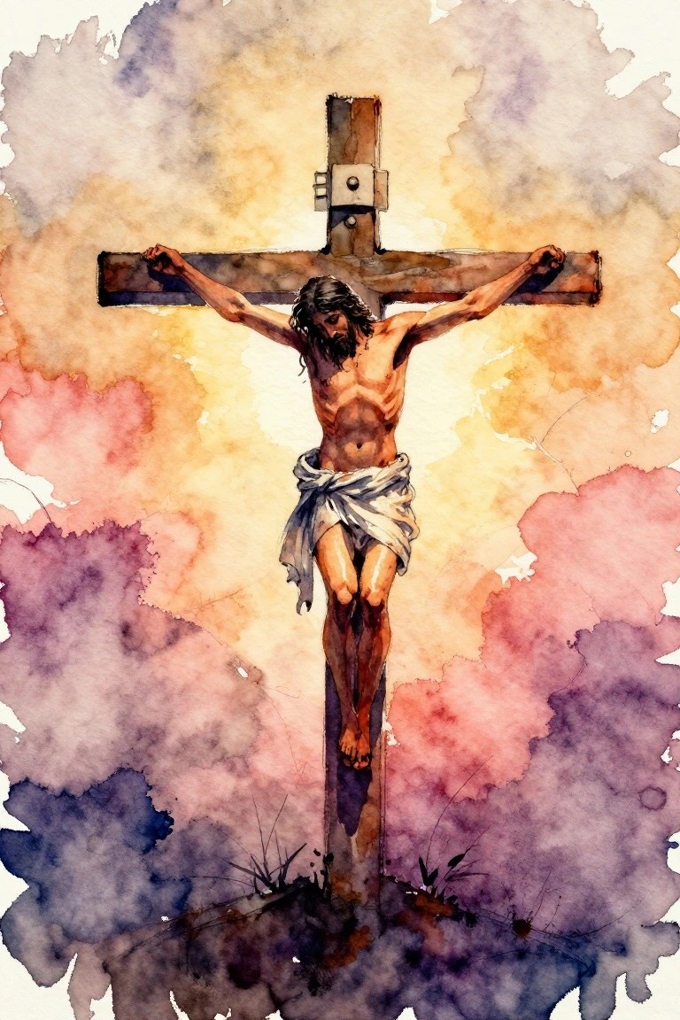 Watercolor-style painting of Jesus on a wooden cross against a glowing multicolored background.