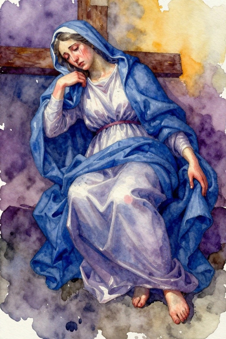 Watercolor of sorrowful Virgin Mary in blue mantle and white dress seated by wooden cross, head bowed with tears.