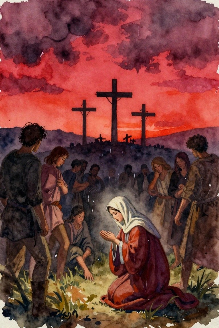 Watercolor-style painting of the Virgin Mary kneeling in prayer amid mourners at the base of three crosses on a hill under a dramatic red sky.