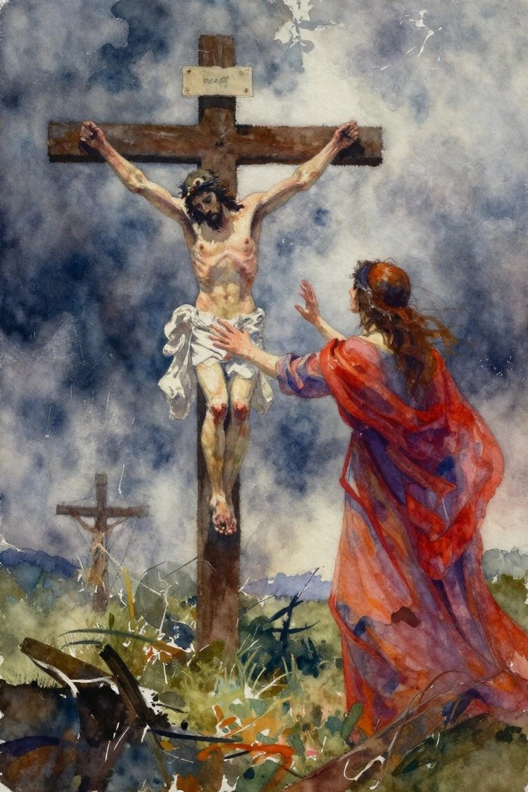 Watercolor-style painting of Jesus on a central cross with a red-robed woman reaching toward him amid stormy skies and distant crosses.