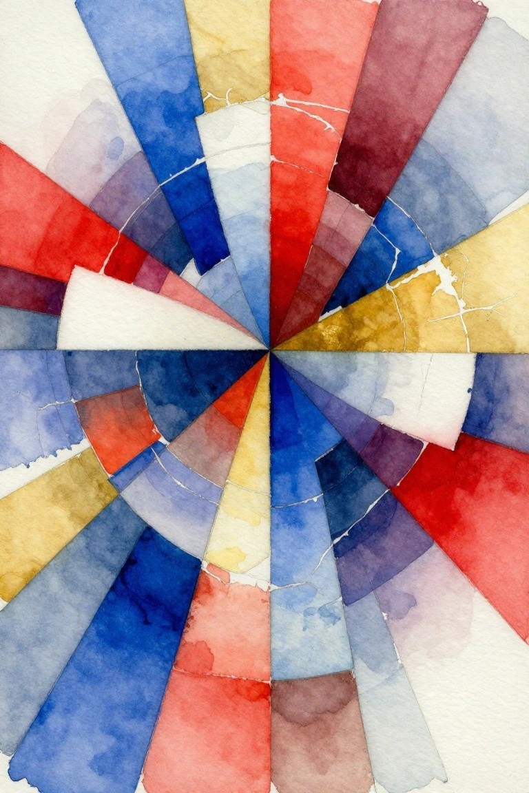 Abstract radial watercolor with wedge-shaped sections in blues, reds, yellows, purples, and whites on white paper.