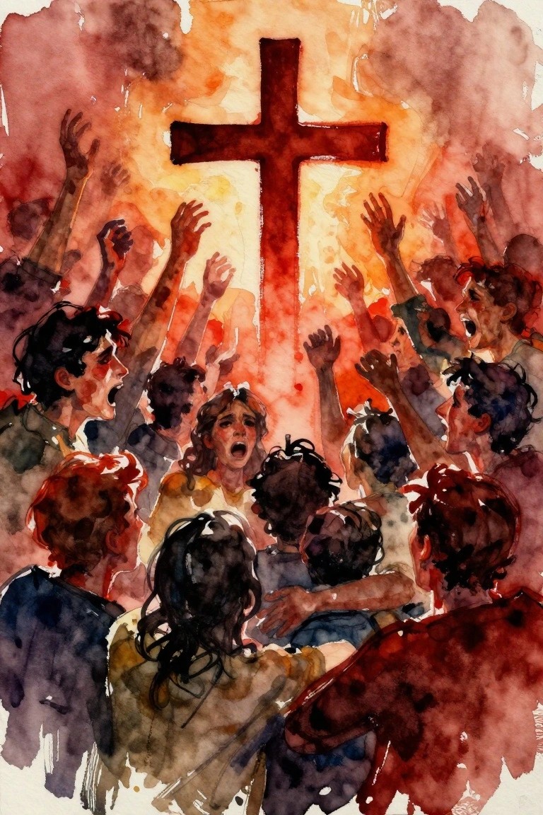 Watercolor-style painting of a central glowing red cross surrounded by diverse young figures reaching upward with open mouths.